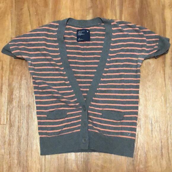 American Eagle Gray and Orange/Peach Short Sleeve Striped Top Size Large - Picture 1 of 4